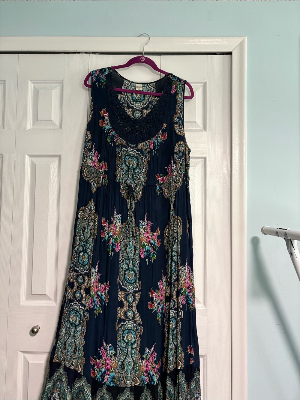 Women's Navy Boho Floral Maxi Dress with Lace Yoke Size 2x